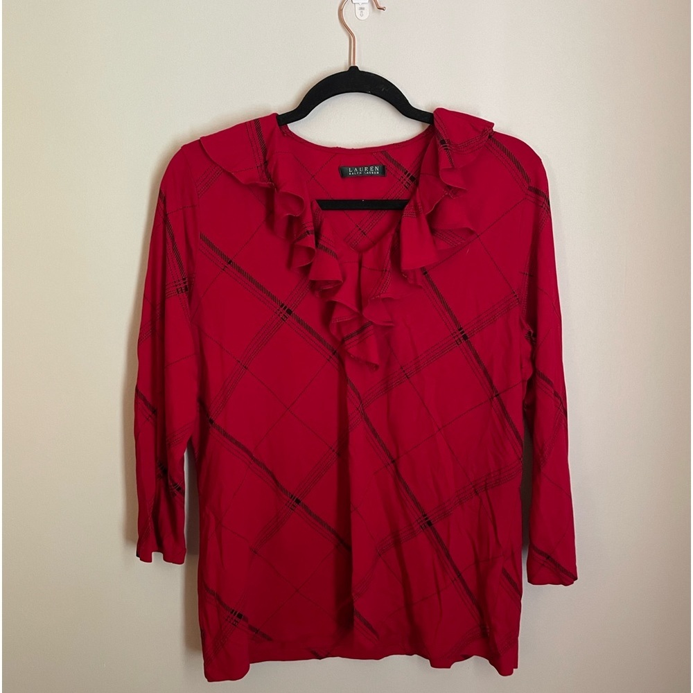 🖤❤️LAUREN Ralph Lauren red plaid ruffled top blouse ❤️🖤
